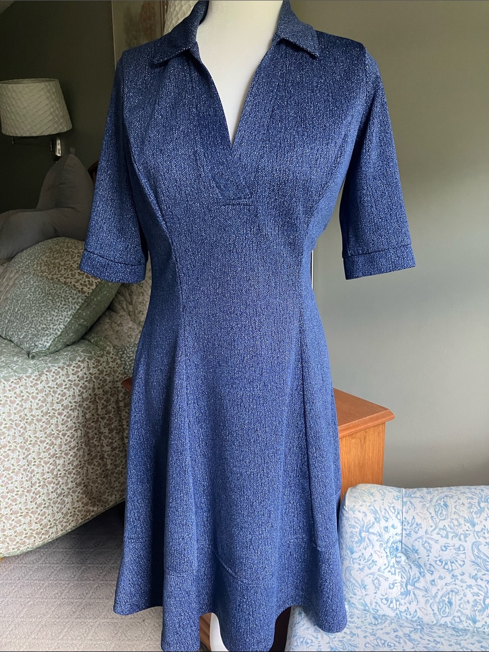 White House Black Market structured ponte blue fit n flare dress work EUC